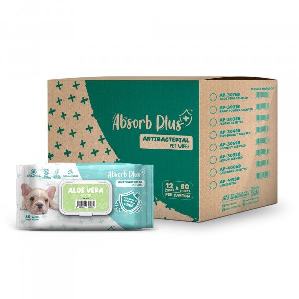 Absorb Plus Antibacterial Dog Wipes Aloe Vera 80 Sheets 20 x 15cm - Furbabies Online