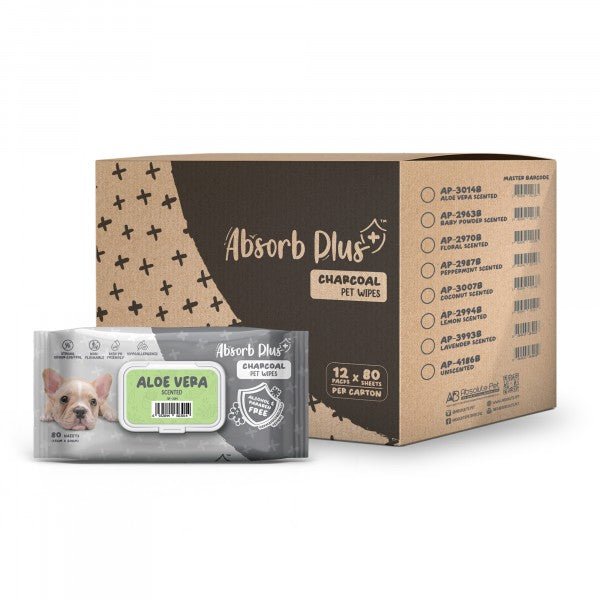 Absorb Plus Charcoal Dog Wipes Aloe Vera 80 Sheets 20 x15cm - Furbabies Online